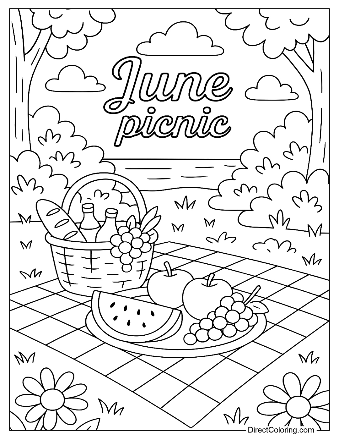 a June picnic coloring page with a basket of food, fruits, a checkered scarf, and trees around